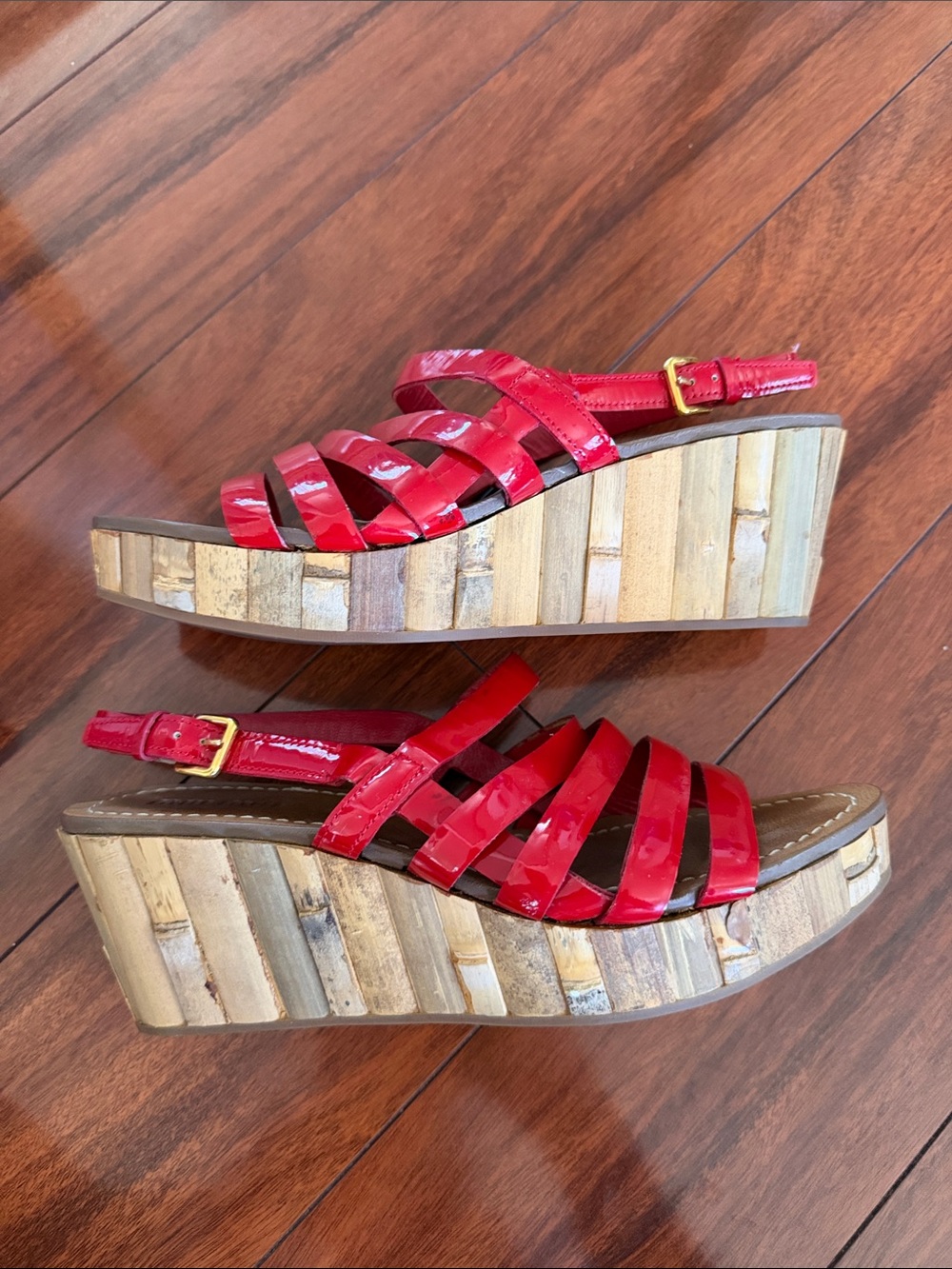 Miu Miu Red Patent Multi-Strap Wedge Sandals